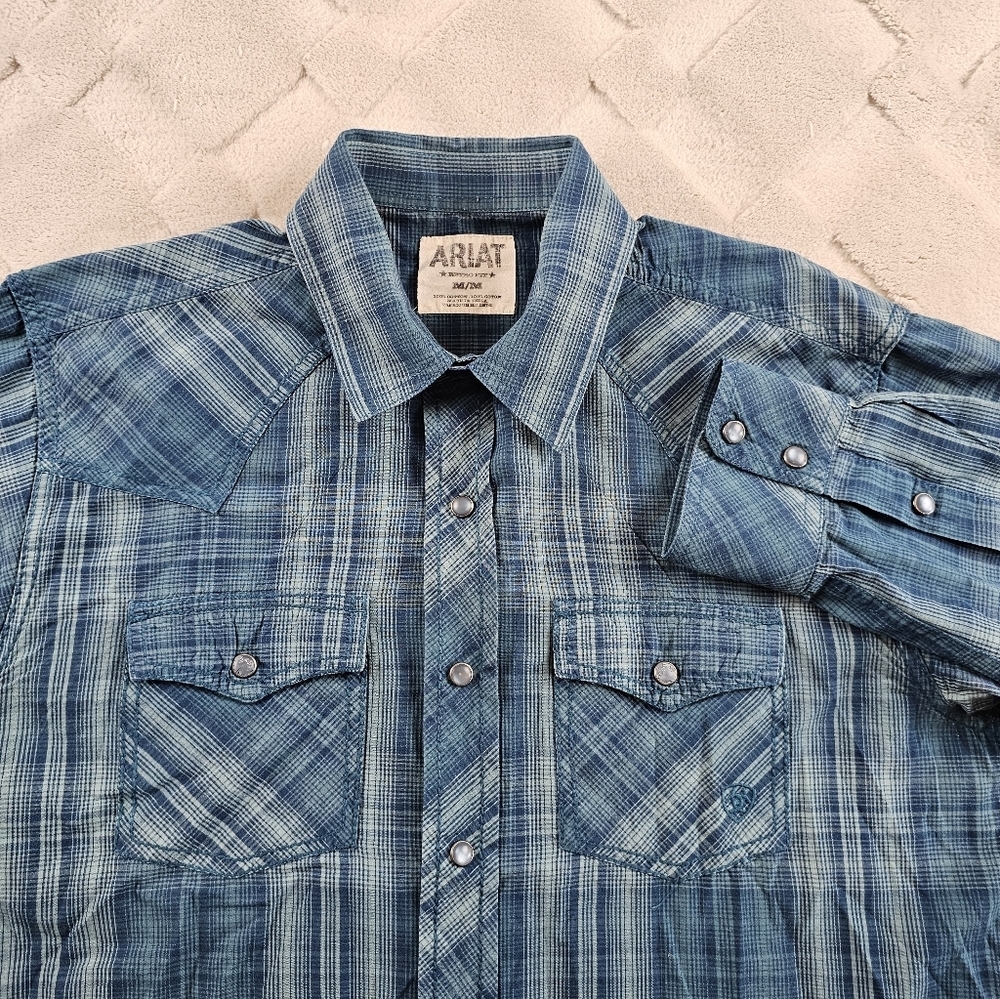 Ariat Pearl Snap Shirt Mens Medium Retro Fit Plaid Western Rodeo Button Up
